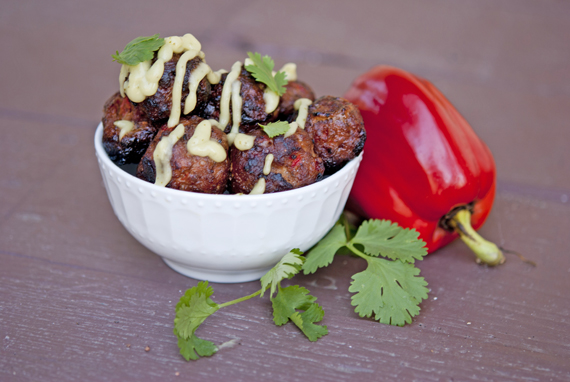 Clean Eating Barbecued Southwest Meatballs with Garlic & Lime Avocado Sauce Recipe