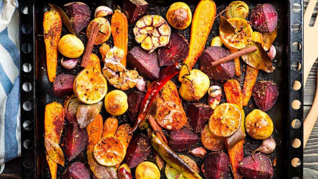 A pan of roasted vegetables.