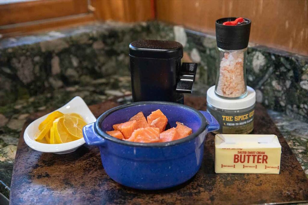 Ingredients for this air fryer salmon bites recipe sitting on a counter.