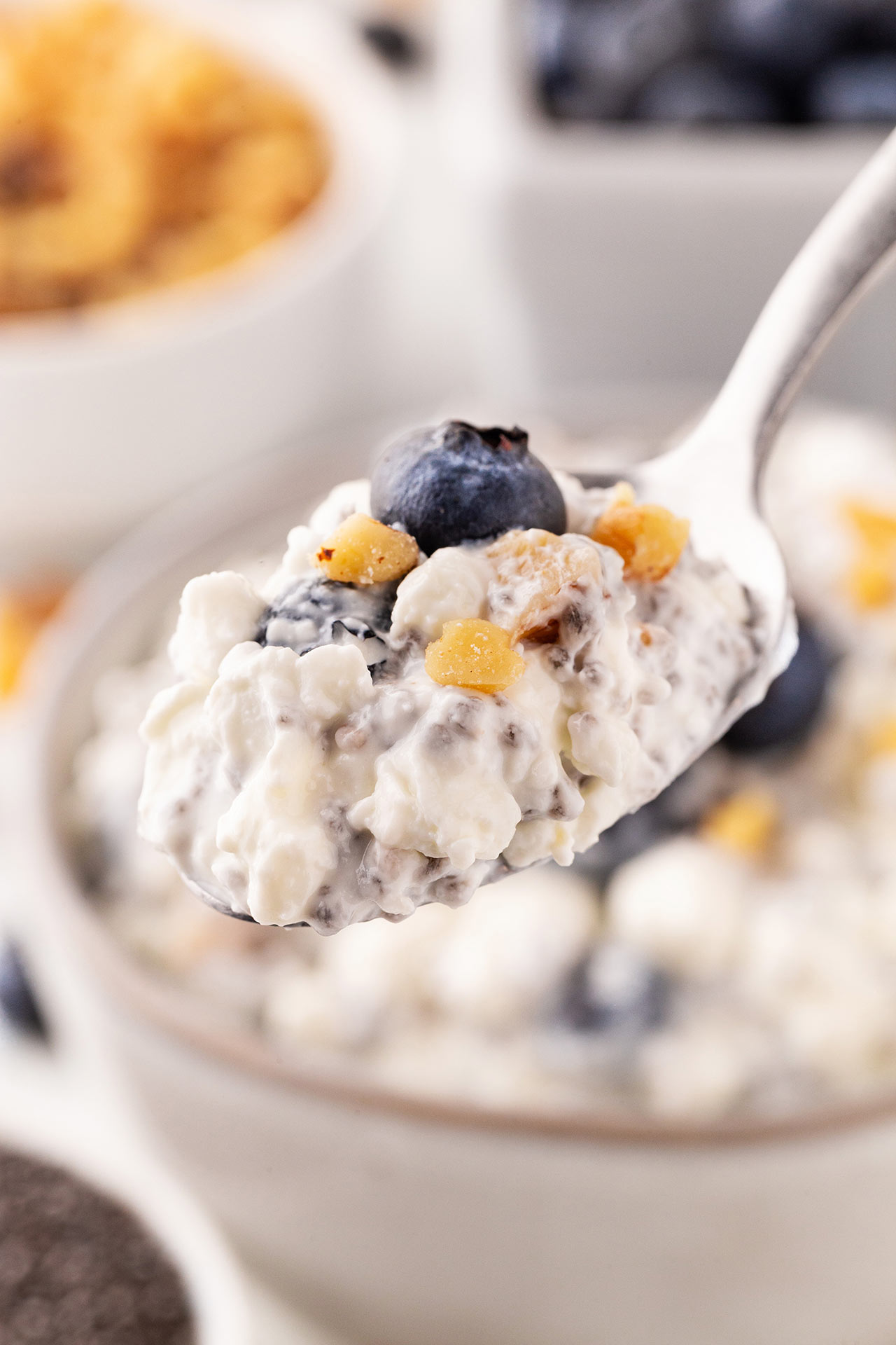 A spoon lifts a spoonful of blueberry cottage cheese out of a bowl.