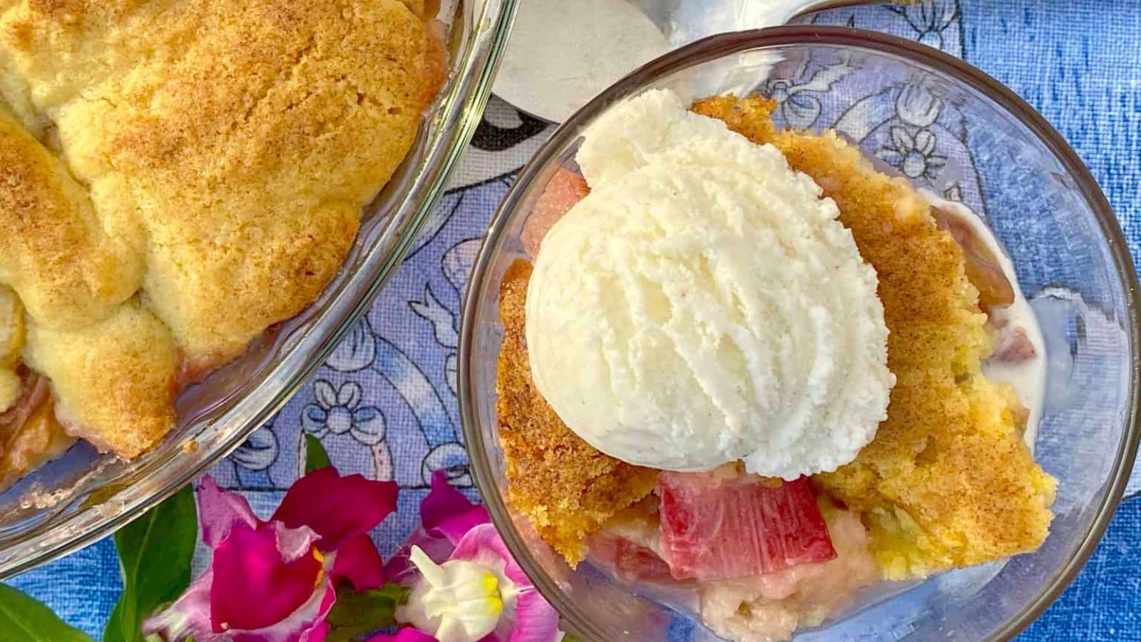 An overhead view of a glass bowl with a serving of rhubarb cobbler and a scoop of vanilla ice cream in it.