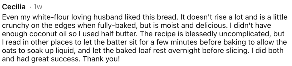 Image with quote about how the recipe was changed to suite individual needs.