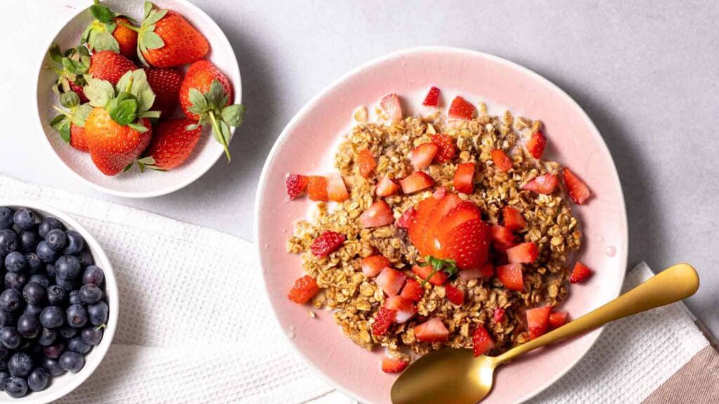 Overhead view of a bowl filled with baked oatmeal, garnished with fresh cut strawberries.