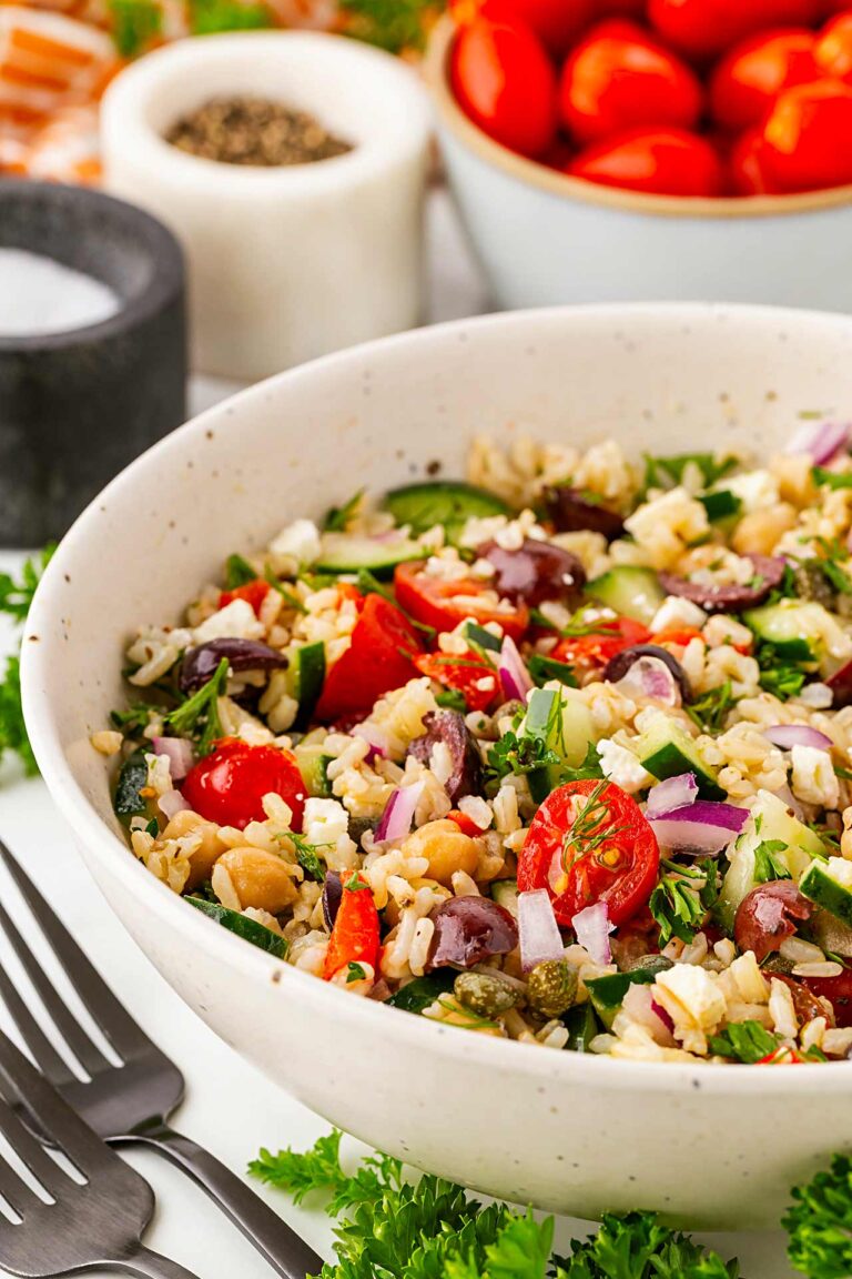 Side view of a Greek Rice Bowl on a table.