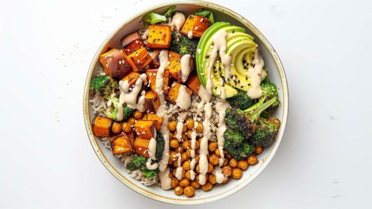 Vegan Buddha Bowl. A hearty bowl with a base of brown rice or quinoa, topped with roasted sweet potatoes, chickpeas, steamed broccoli, avocado, and a drizzle of tahini sauce